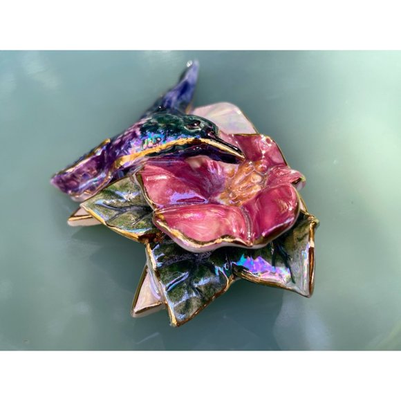 Vintage 1980s Ceramic Artist Made Humming BIrd Flower Brooch - Picture 8 of 10